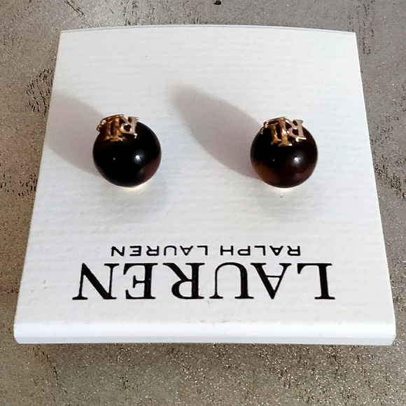 NWT Ralph Lauren Tortoiseshell Gold Logo Stud Earrings - Picture 2 of 5